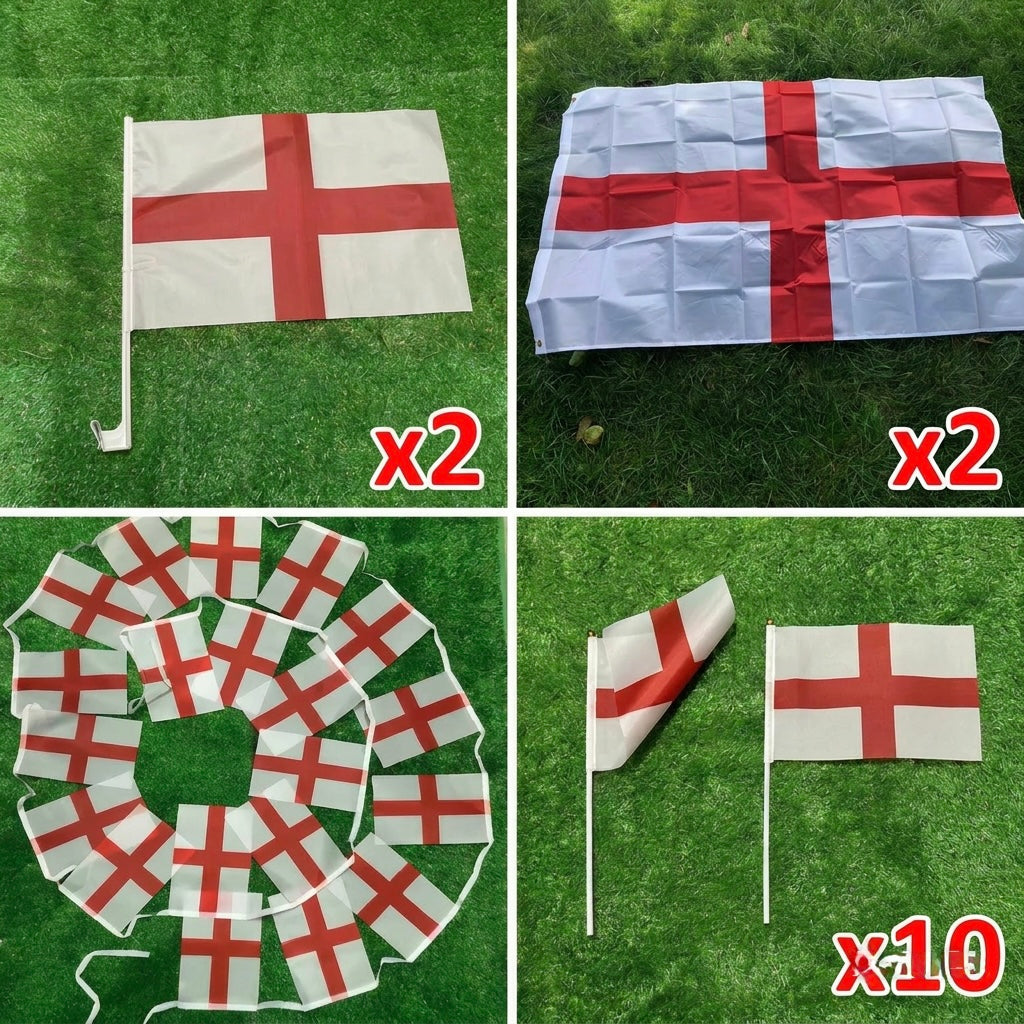 England flag World Cup bundle 2x large flags 1x bunting with 20 flags 2x car flags 10x hand held flags