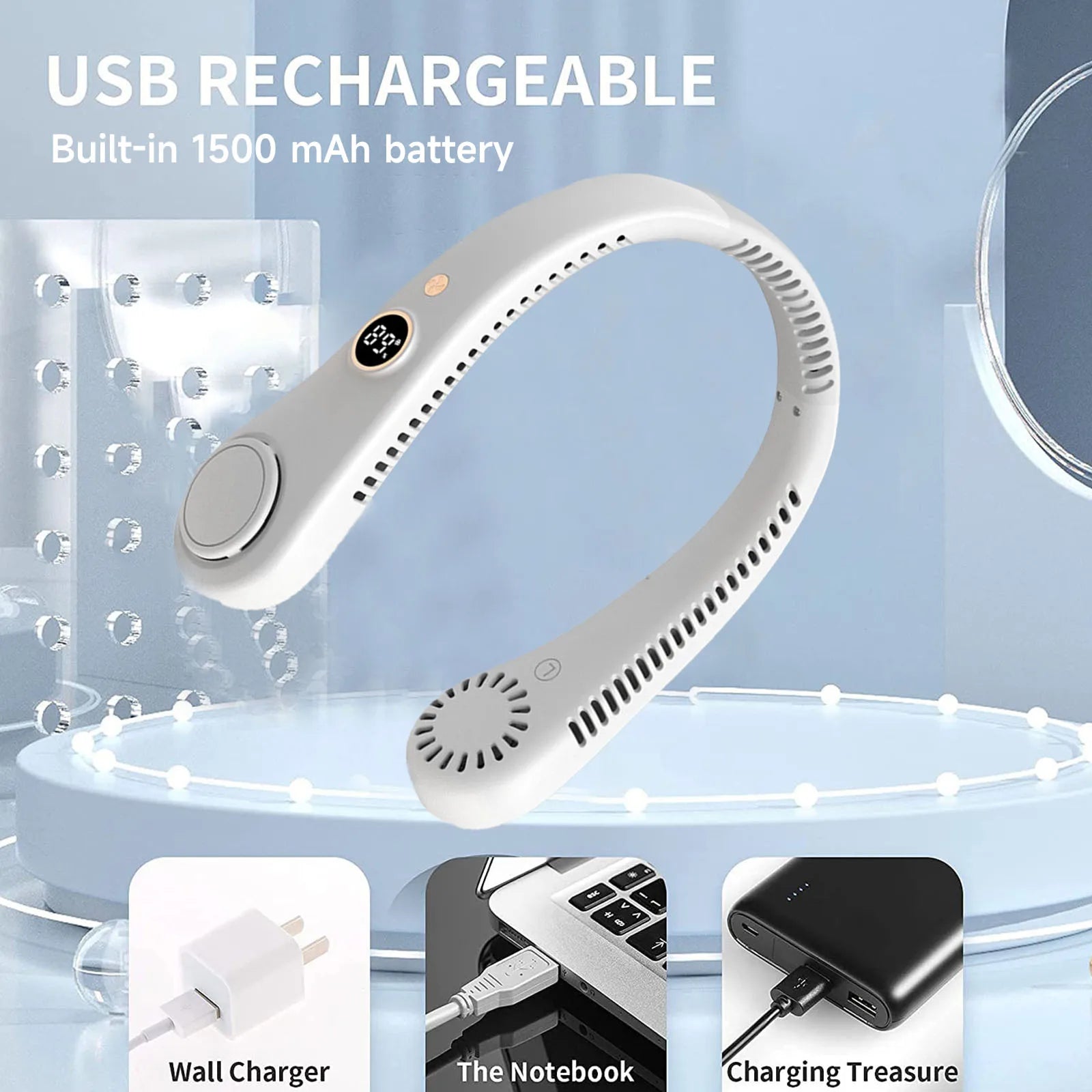 LED Digital Display USB Wearable Fan Summer Portable Mini Hanging Neck Fan Bladeless Neckband Fan Power Air Cooler USB Rechargeable Electric Fans