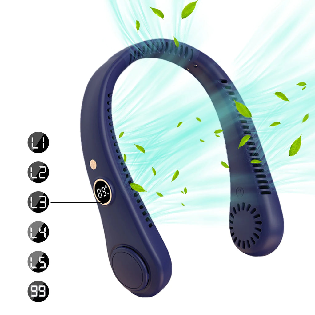 LED Digital Display USB Wearable Fan Summer Portable Mini Hanging Neck Fan Bladeless Neckband Fan Power Air Cooler USB Rechargeable Electric Fans