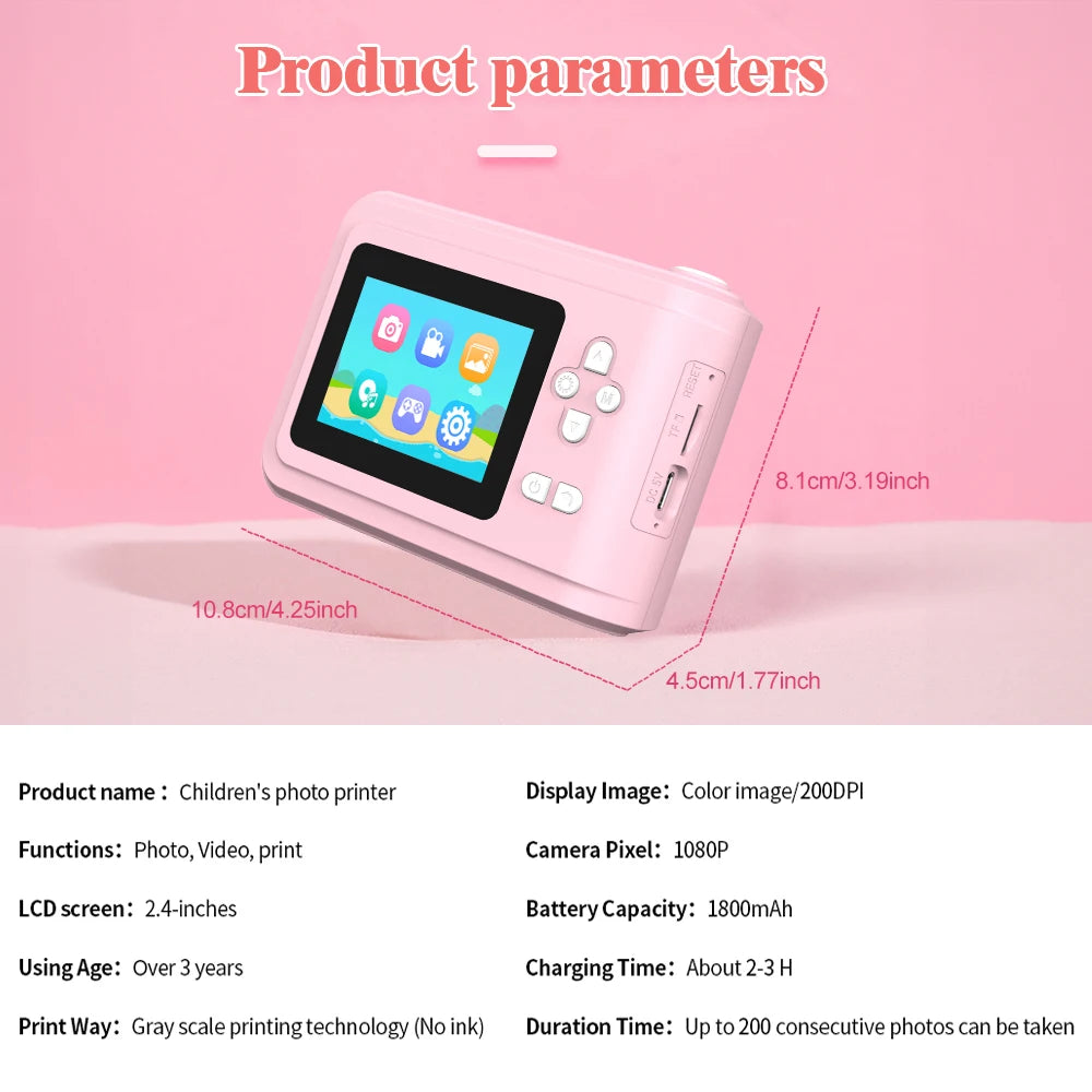 Kids Camera Instant Printing Photo1080P HD Dual Lens Selfie Digital Camera for Children Girls Boys Christmas Birthday Gifts Toys
