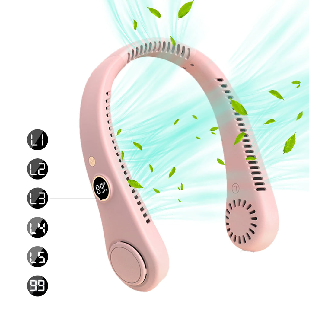 LED Digital Display USB Wearable Fan Summer Portable Mini Hanging Neck Fan Bladeless Neckband Fan Power Air Cooler USB Rechargeable Electric Fans