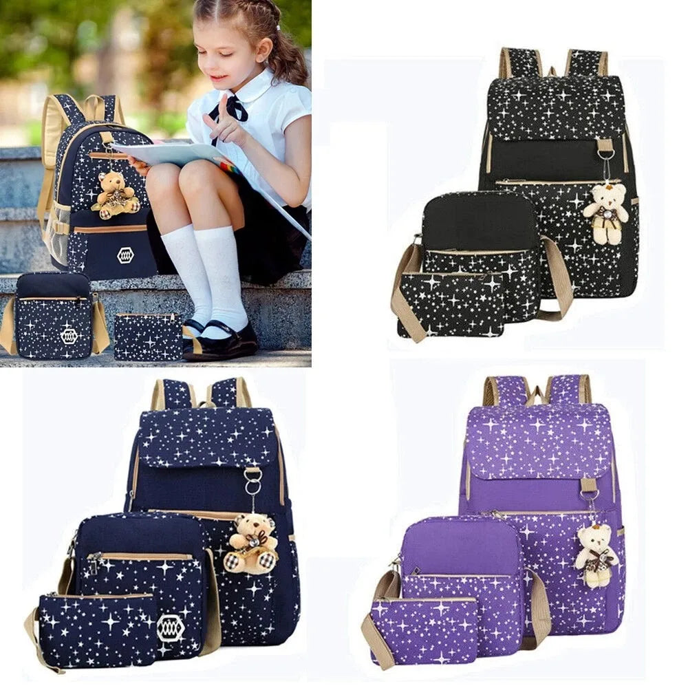 4Pcs Kids School Backpack Set for Girls Boys Waterproof Oxford Rucksack with Crossbody Bag Storage Pouch & Bear Pendant Blue