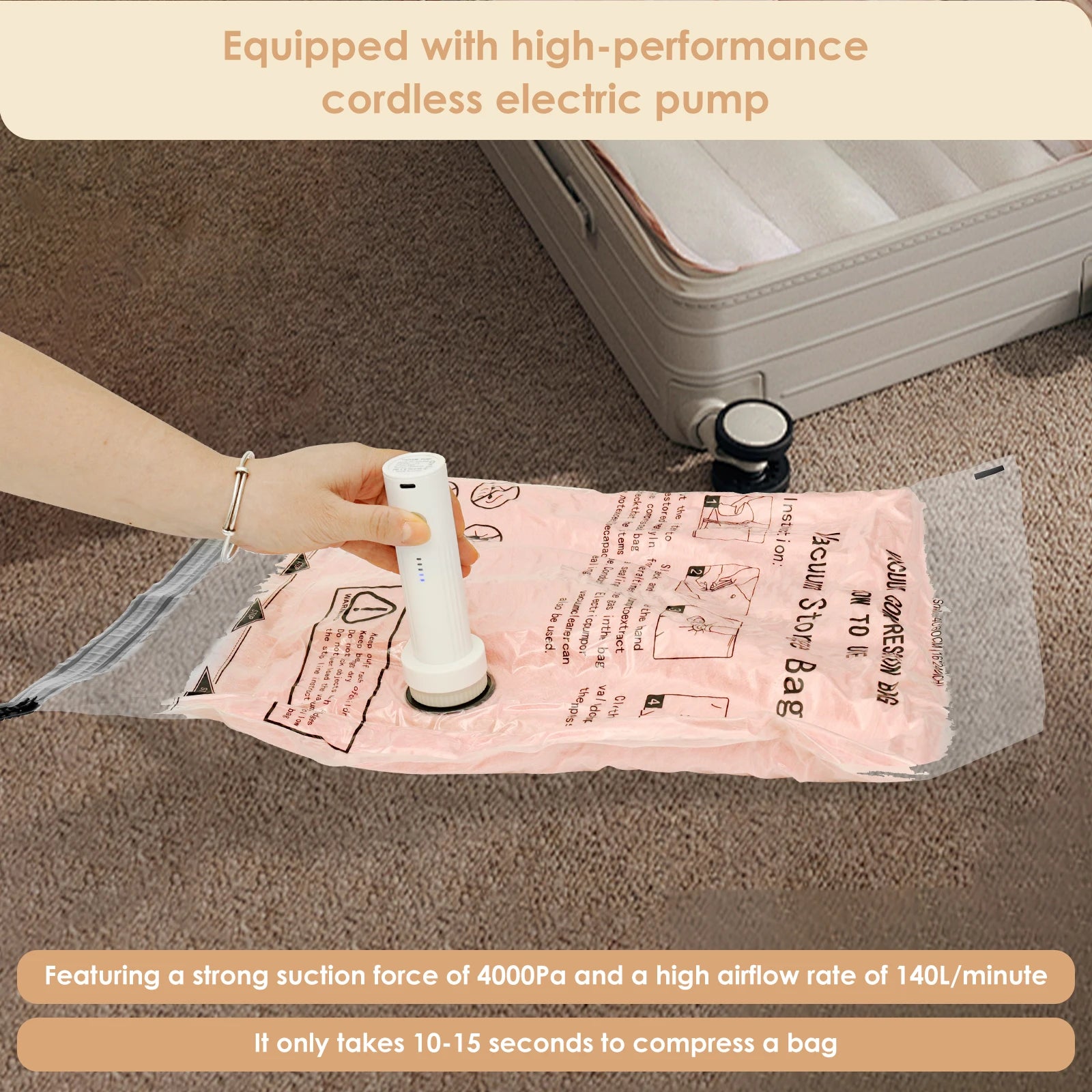 8Pcs Vacuum Storage Bags with USB Electric Pump Rapid Compression Double Zipper Lock Triple Seal Compression Bag for Luggage