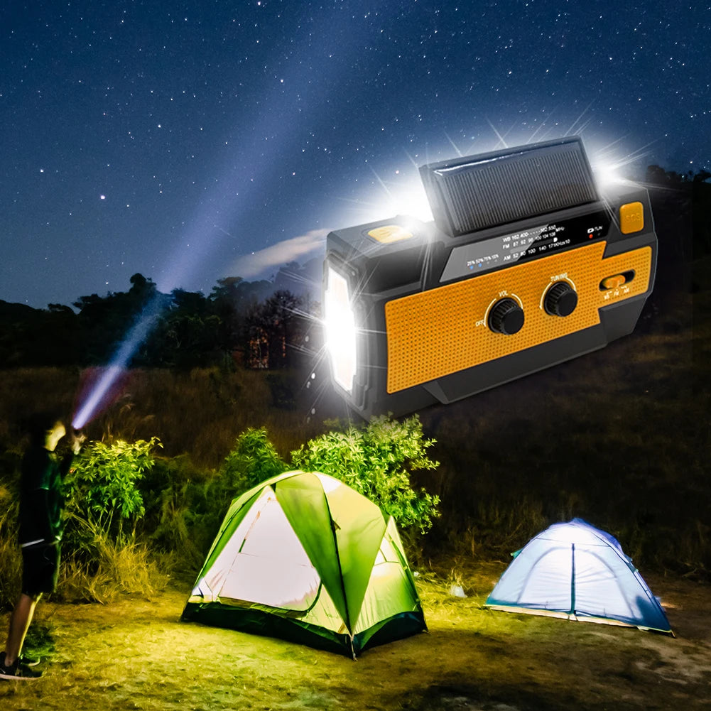Portable AM/FM Radio with LED Flashlight Multifunctional Solar Radio 4000mAh Wind Up Solar Radio for Outdoor Camping Travel