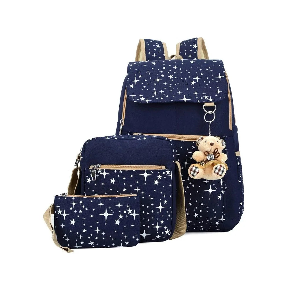 4Pcs Kids School Backpack Set for Girls Boys Waterproof Oxford Rucksack with Crossbody Bag Storage Pouch & Bear Pendant Blue