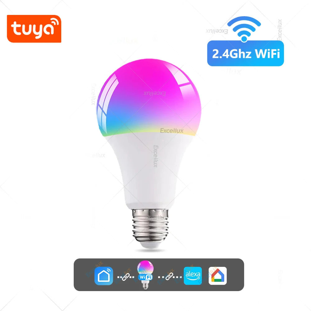 Tuya WiFi Bluetooth Smart LED Light Bulbs 15W AC85-265V Dimmable Alexa Led Lamp E27 RGB CCT Smart Life Control Color Change Lamp