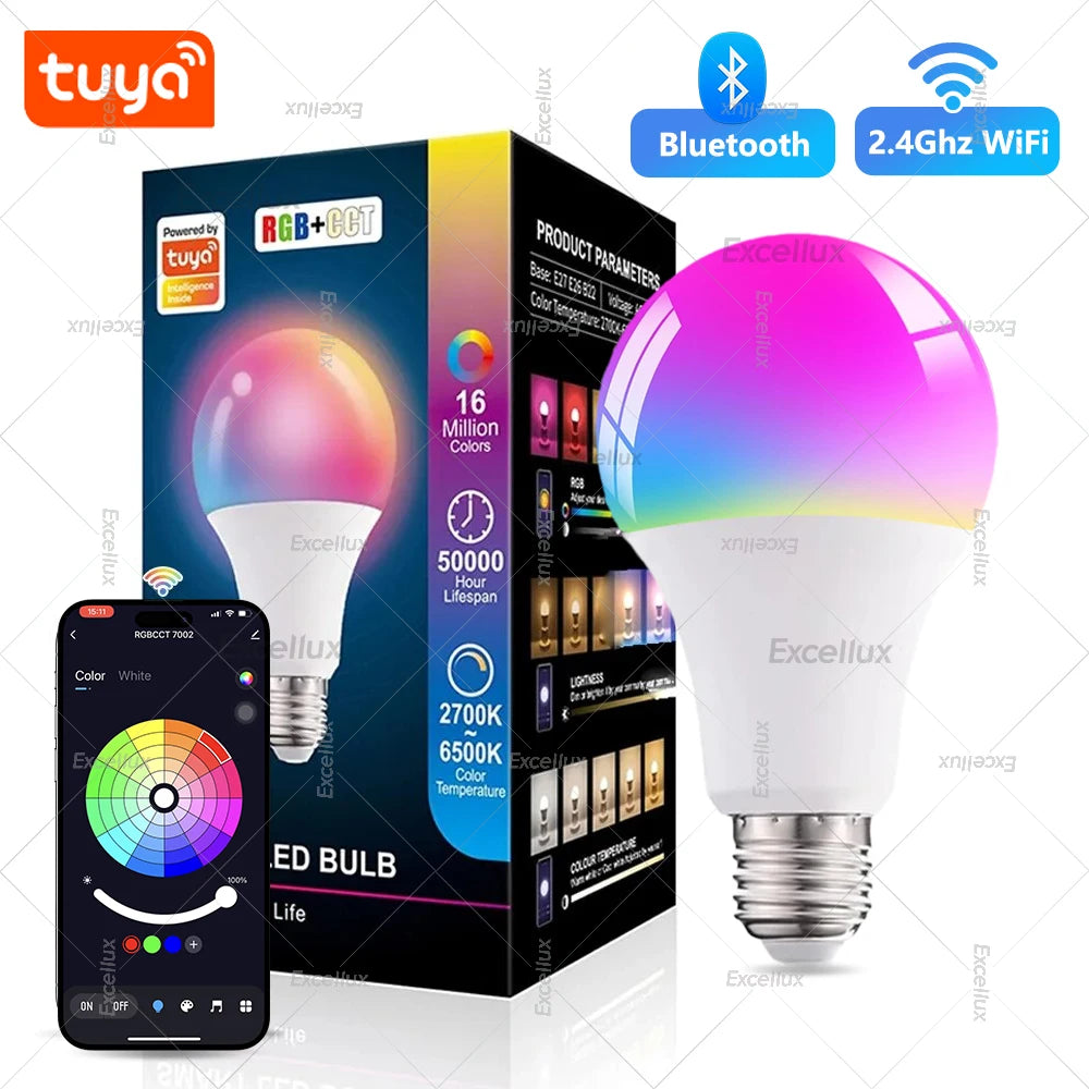 Tuya WiFi Bluetooth Smart LED Light Bulbs 15W AC85-265V Dimmable Alexa Led Lamp E27 RGB CCT Smart Life Control Color Change Lamp
