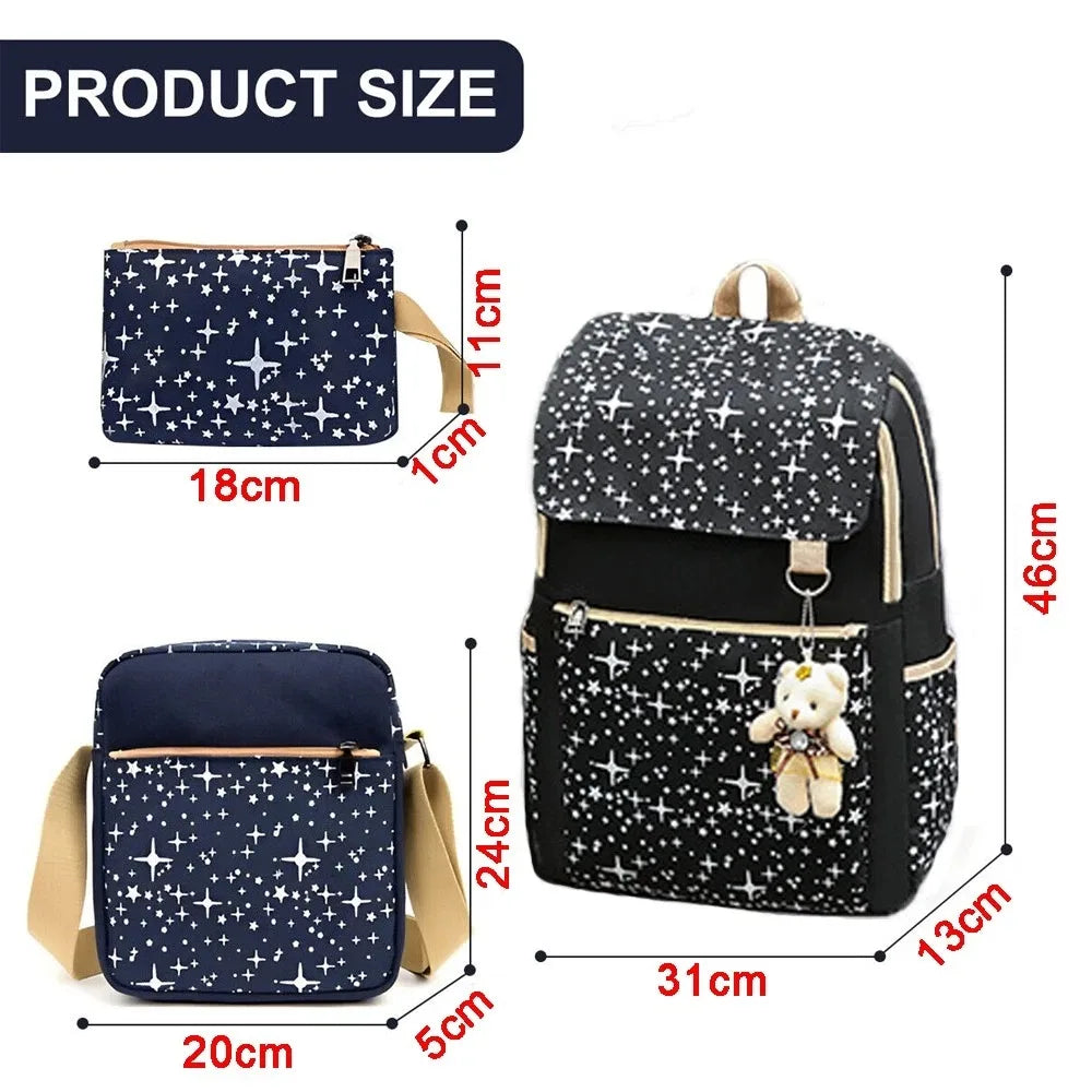 4Pcs Kids School Backpack Set for Girls Boys Waterproof Oxford Rucksack with Crossbody Bag Storage Pouch & Bear Pendant Blue