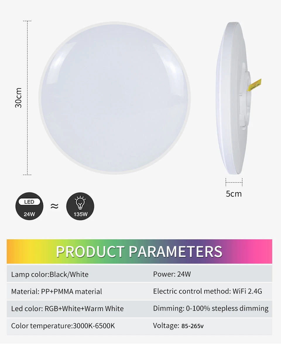 Tuya Smart WiFi Bluetooth LED Ceiling Light AC85-265V 24W RGB WW CW Round Ceiling Lamp Smart life APP Alexa Geogle Voice Control