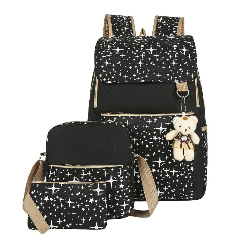 4Pcs Kids School Backpack Set for Girls Boys Waterproof Oxford Rucksack with Crossbody Bag Storage Pouch & Bear Pendant Blue
