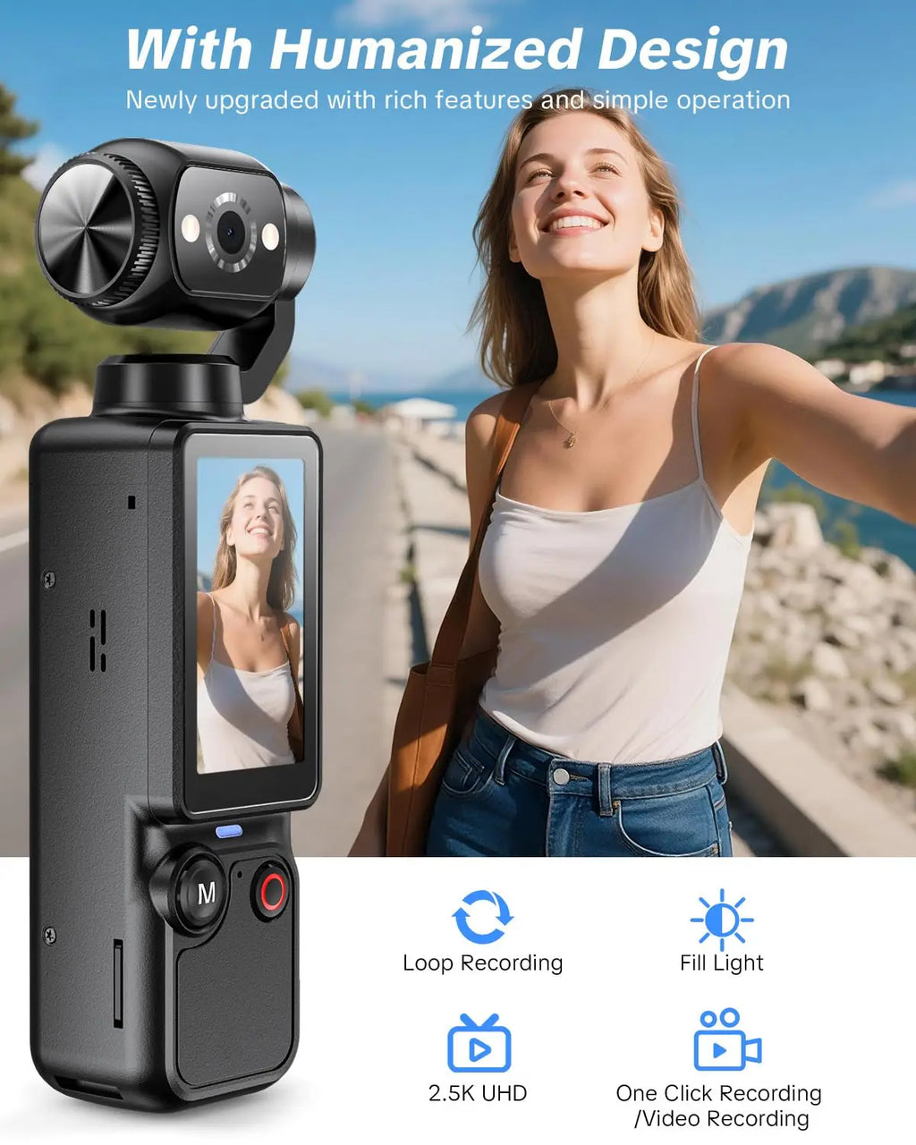 4K HD Video Recording Camera with 1.9" CMOS, USB Rechargeable, 180° Rotating Action Camcorder for Vlogging, Live Streaming