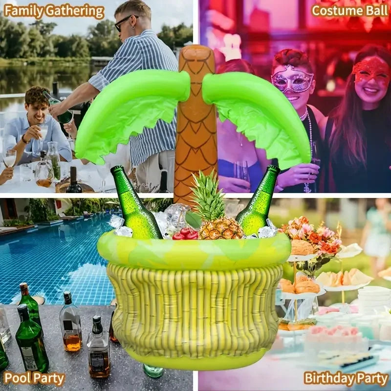 Inflatable Palm Tree Cooler, PVC Tropical Pool Party Beer/Beverage Bucket, Outdoor Food Tray Ice Bucket