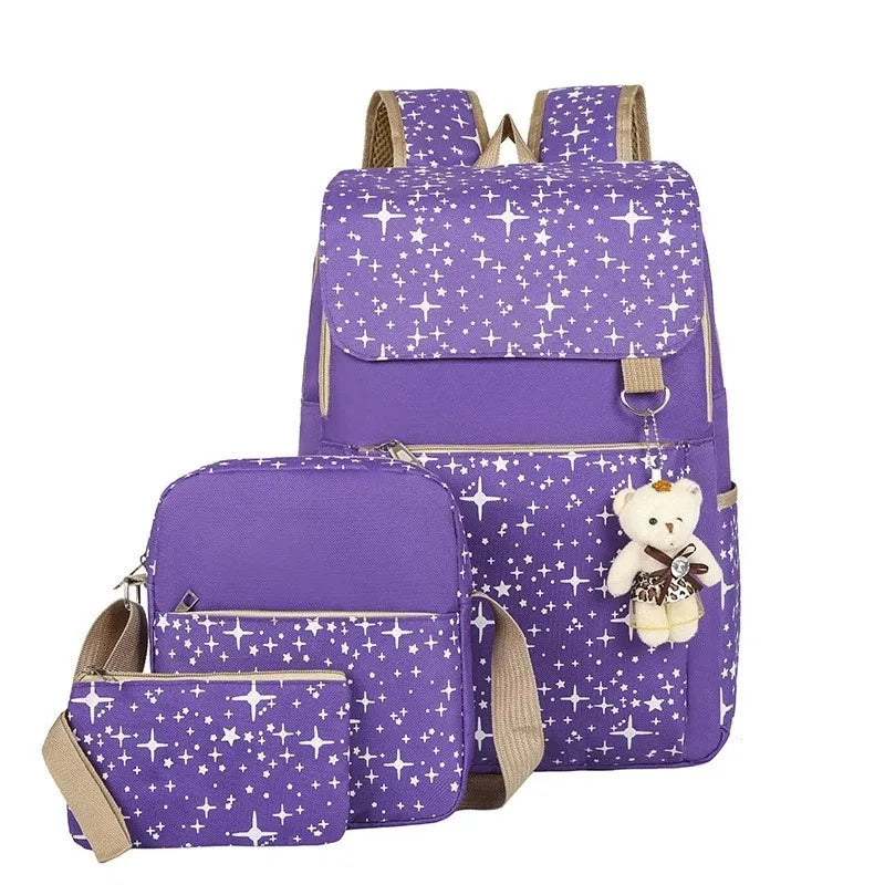 4Pcs Kids School Backpack Set for Girls Boys Waterproof Oxford Rucksack with Crossbody Bag Storage Pouch & Bear Pendant Blue