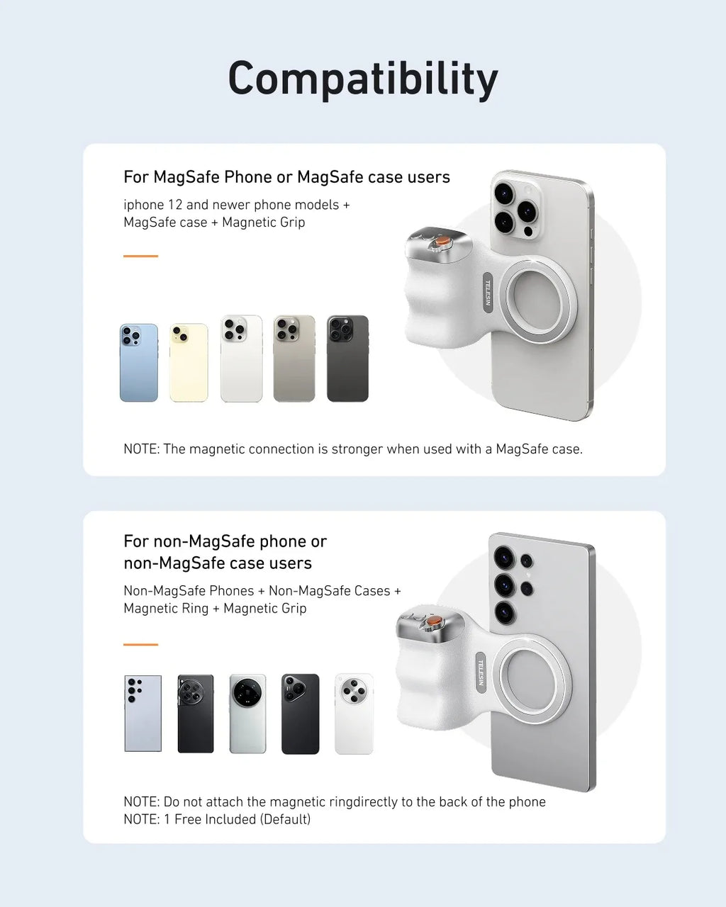 TELESIN Magnetic Phone Camera Shoot Hand Grip Holder Shooting Aid Remote Control Handle for iPhone 17 16 15 14 13 HUAWEI VIVO MI