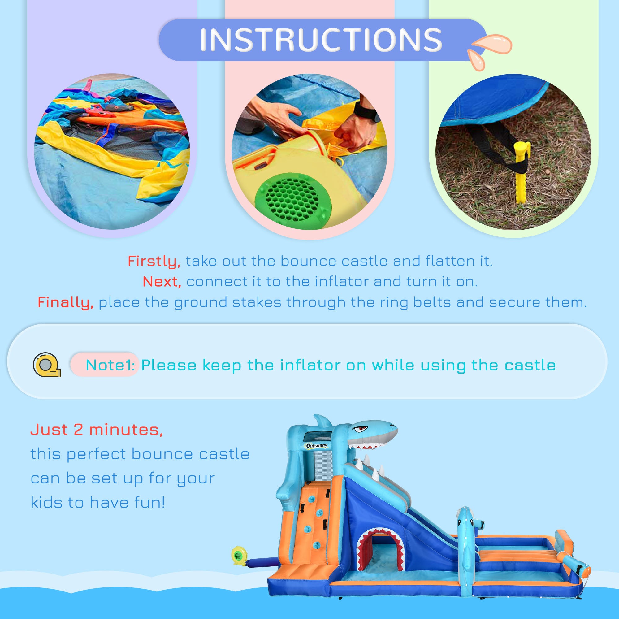 Outsunny 6 in 1 Kids Bouncy Castle w/ Slide, Pool, Trampoline, Blower